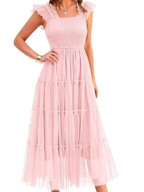 Smocked Bodice Pink Midi Dress with Tiered Skirt